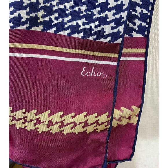 Echo 100% Pure Silk Scarf With Navy Houndstooth & Burgundy & Gold Stripes Design - Picture 2 of 5
